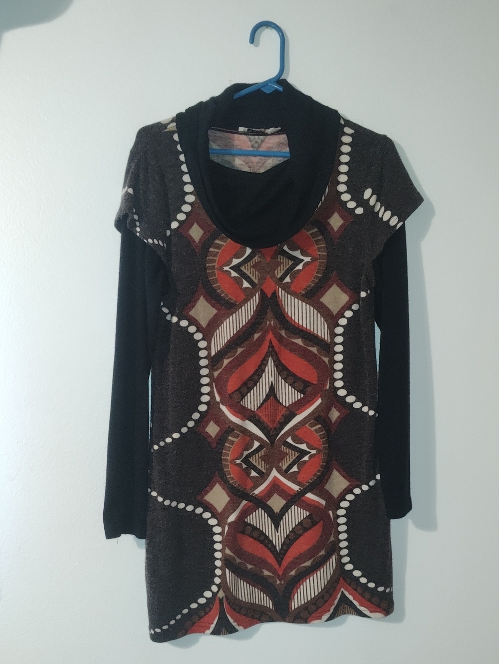Aryeh Brown Dress with Red & Cream Geometric Front